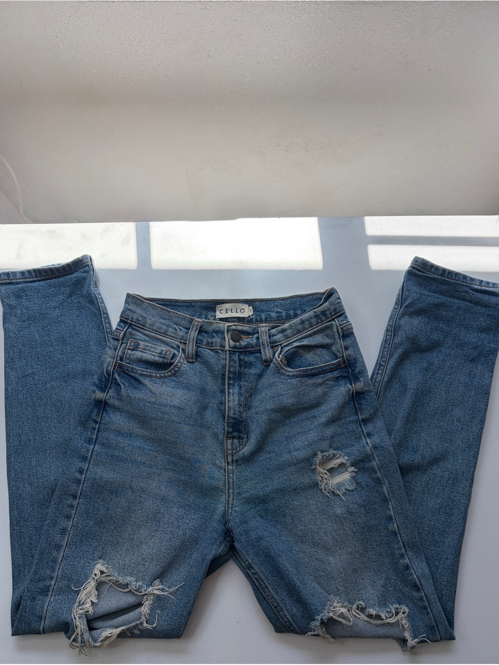 Cello Distressed Blue Slim Straight Jeans